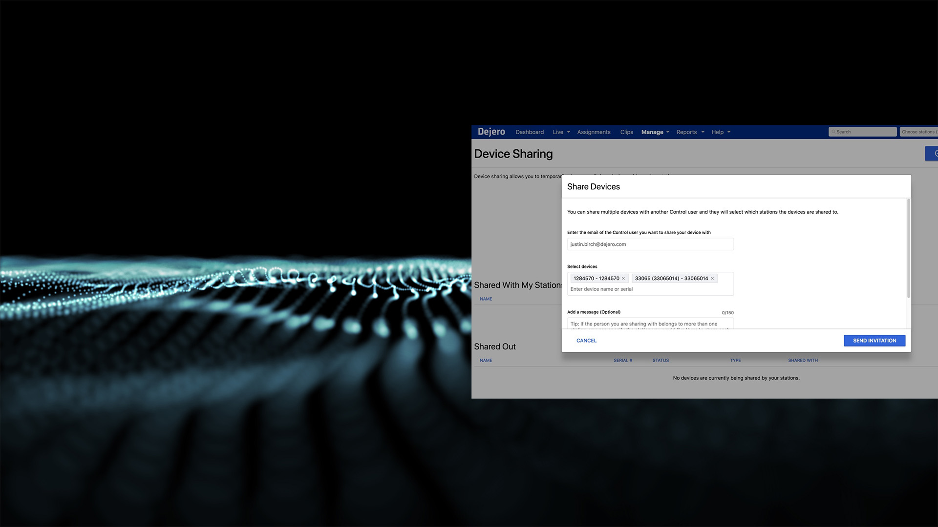 Dejero Control screenshot over a background