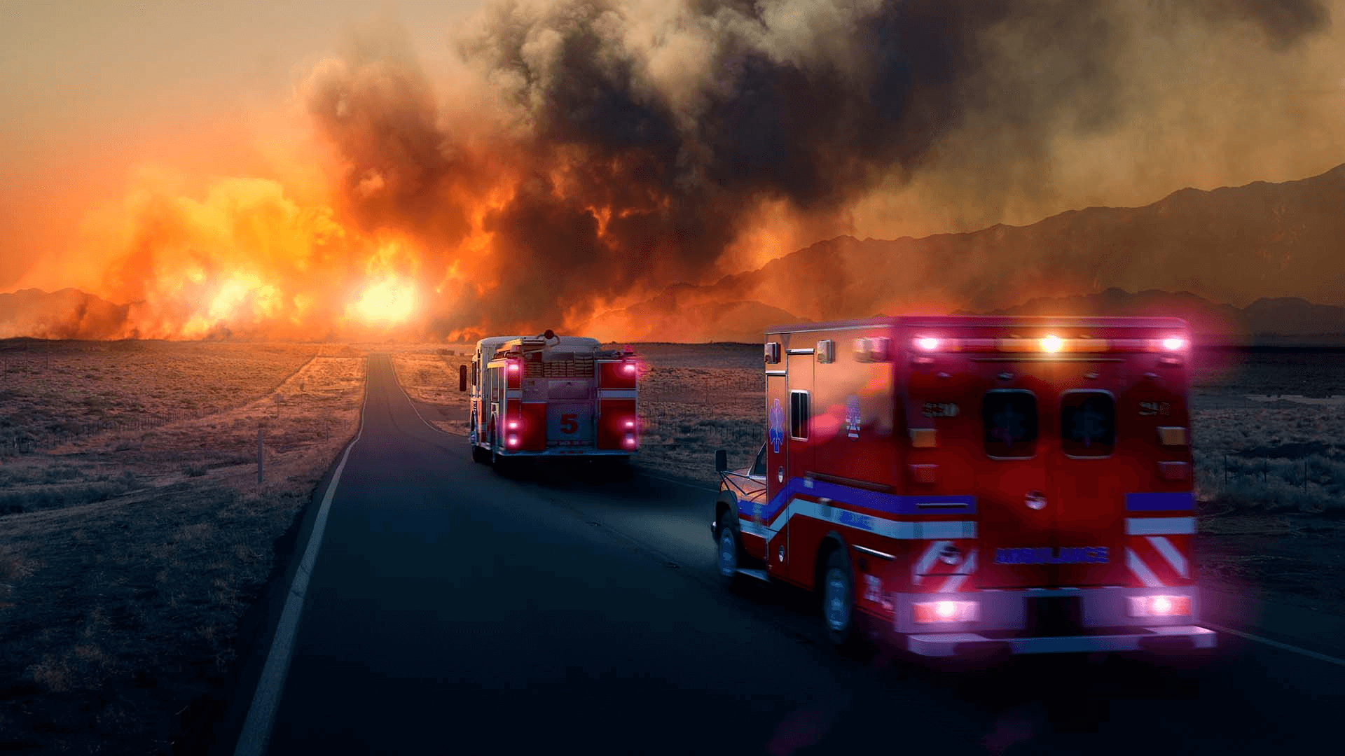 First responders racing to a fire in the distance