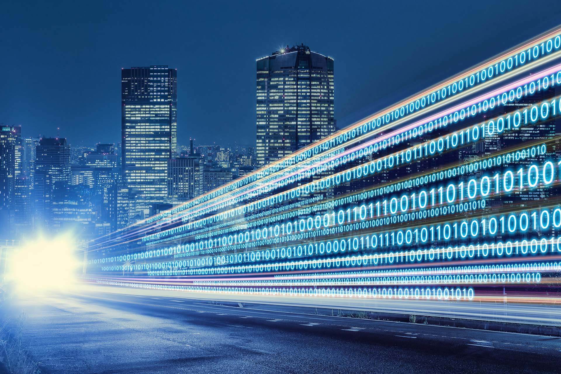 Data moving into the distant cityscape