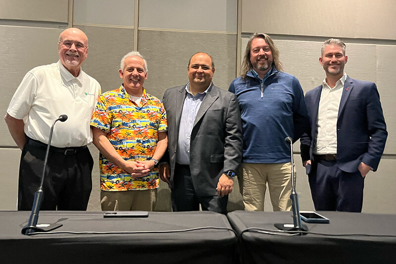 From left to right: Steve Miller (Chief Technology Officer, The Digital Decision), Budge Currier (Public Safety Communications Director, State of California Governor's Office of Emergency Services), Bogdan Frusina (Chief Strategy and Innovation Officer & Founder, Dejero), Brad Stoddard (Director of the MI Public Safety Comms System (MPSCS) and SWIC, State of Michigan), and Justin St. Arnauld (Associate Director - 5G and Enterprise Solution Architecture, Verizon)