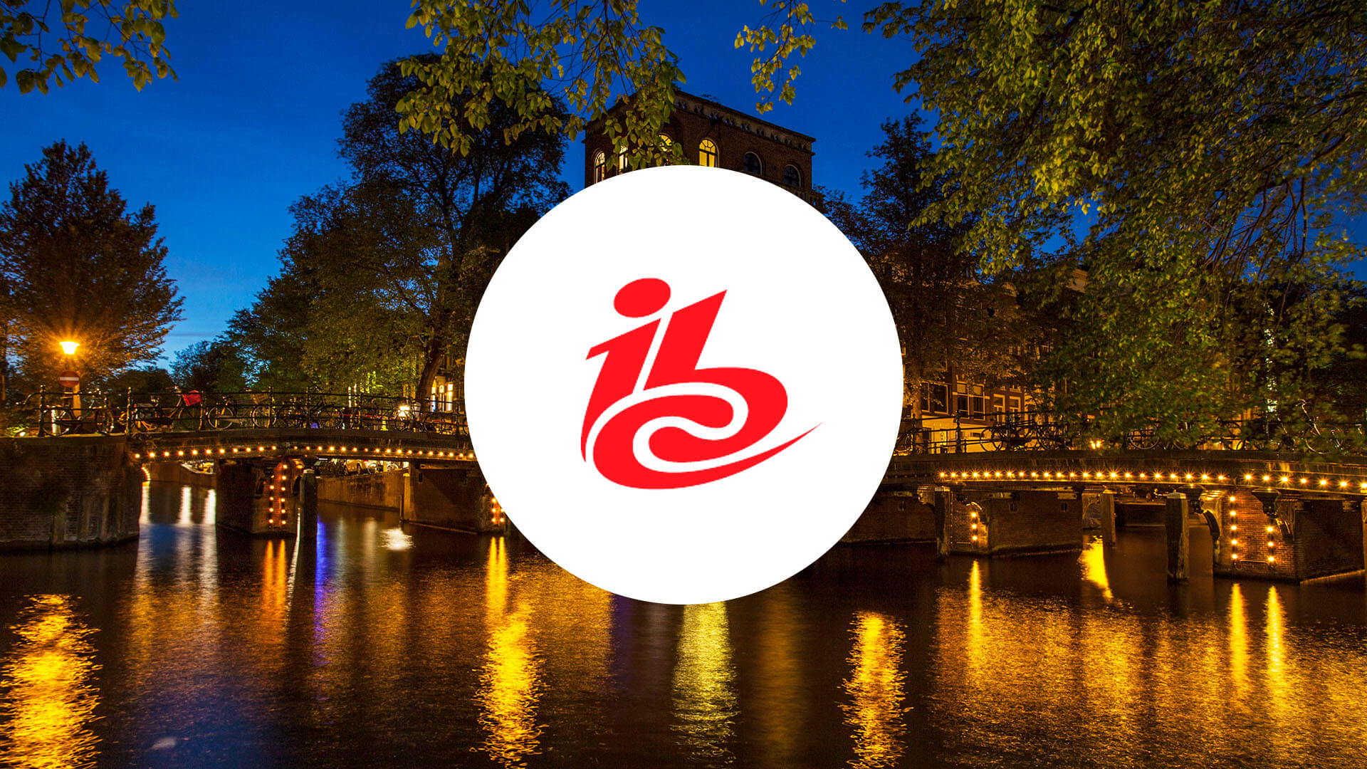 Amsterdam view with the IBC logo in a circle