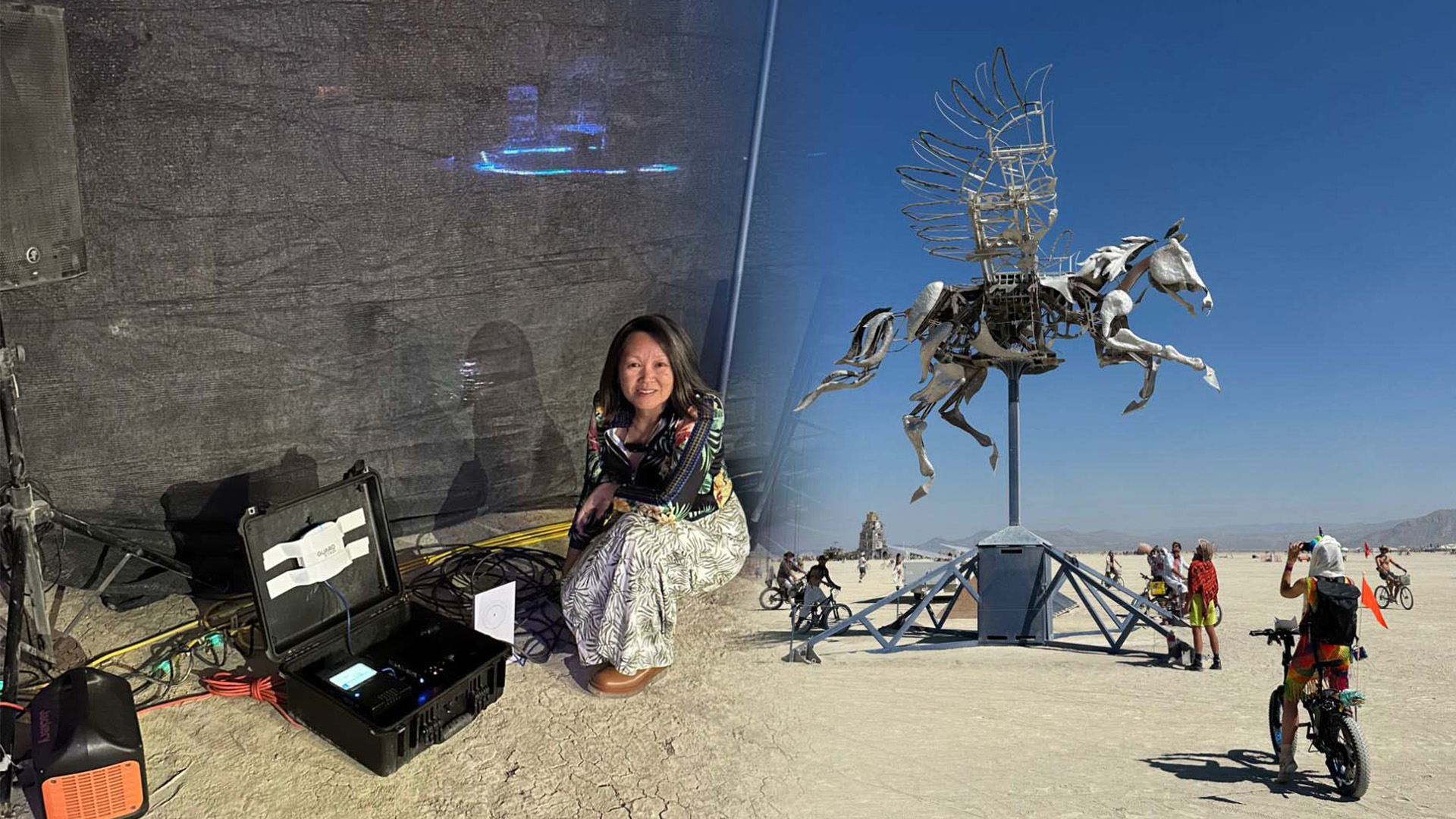 Mei Zhou at Burning Man and a sculpture