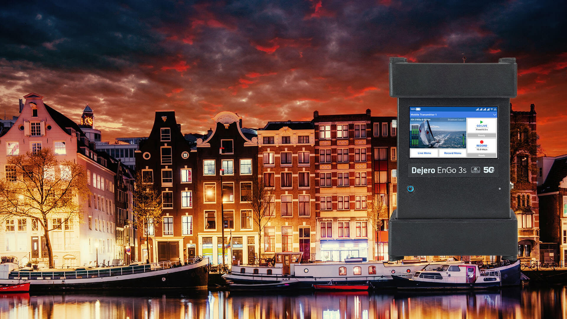 Dejero EnGo 3s 5G over a picture on Amsterdam