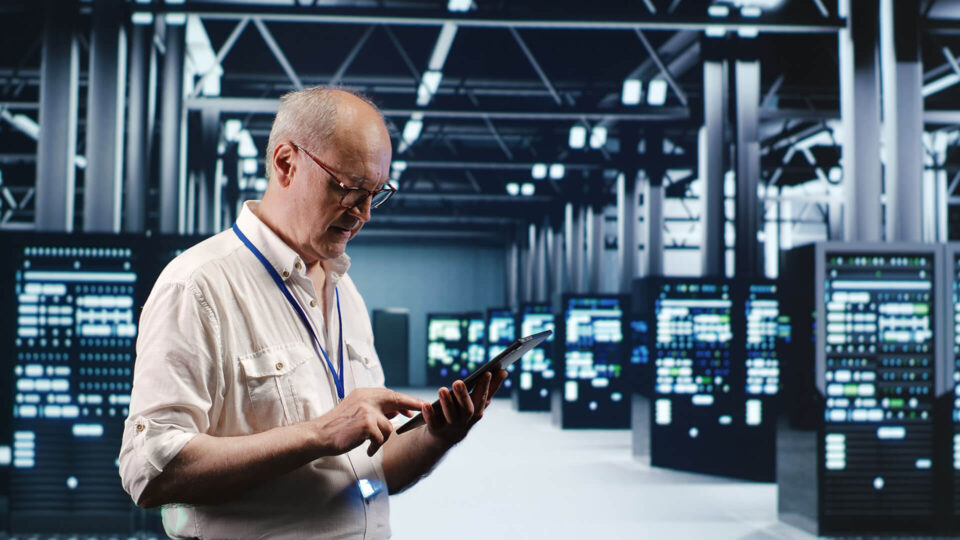 Employee working in a server lab