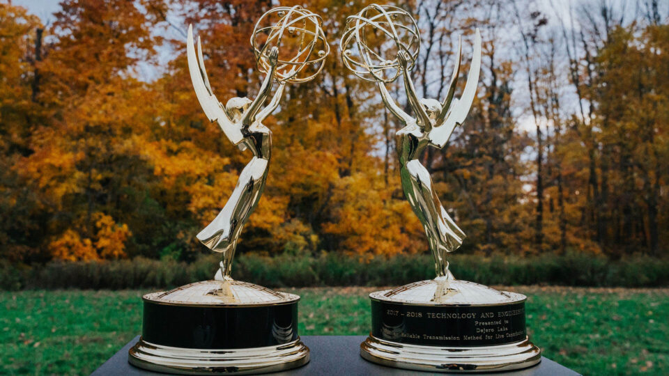 Emmy statues in front of leaves