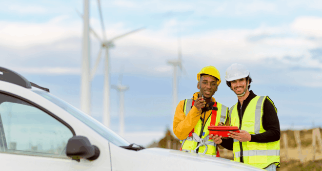 Two engineers in safety gear discuss operations at a wind farm, highlighting teamwork and renewable energy in a modern setting
