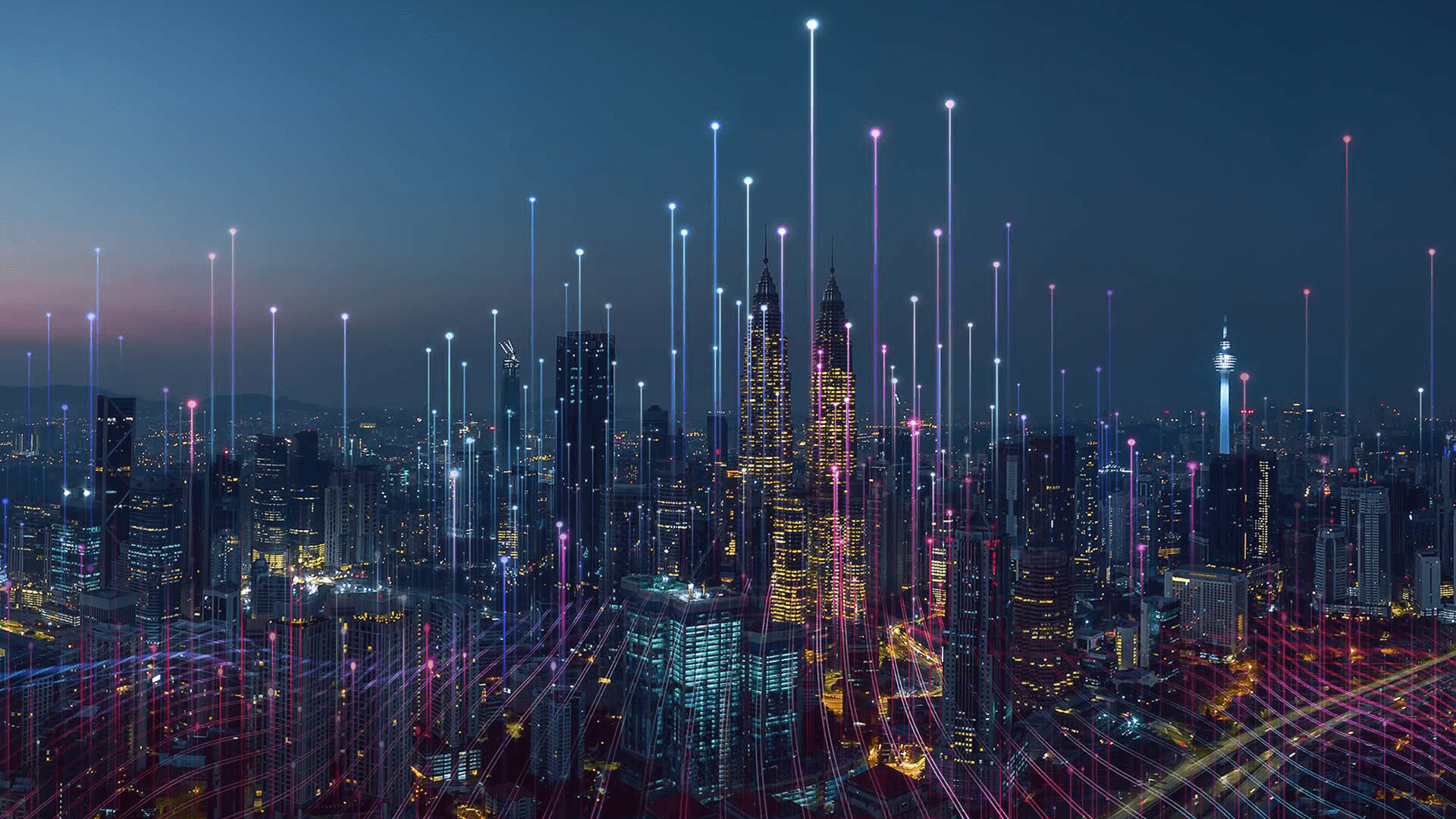 city night view with connectivity lines