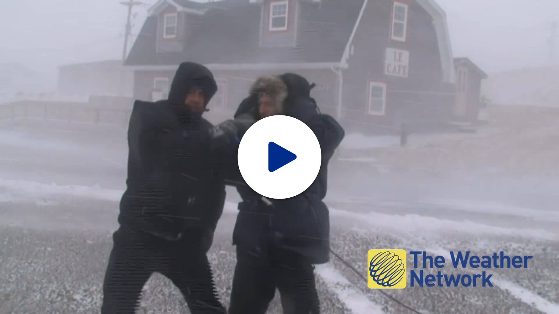 Two weatherpersons in harsh weather