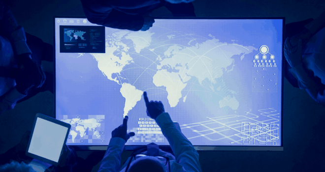 People in a technology cyber space meeting