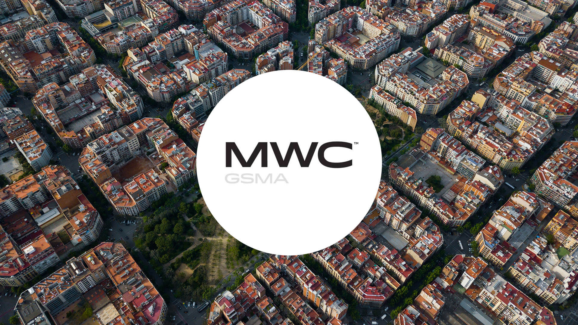 Barcelona view with the MWC logo in a circle