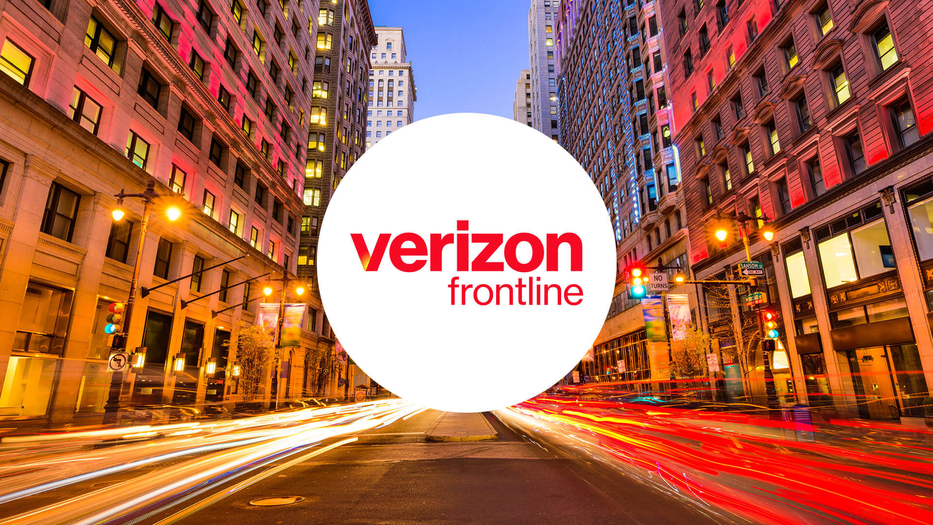 Philadelphia streets with the Verizon Frontline logo in a circle