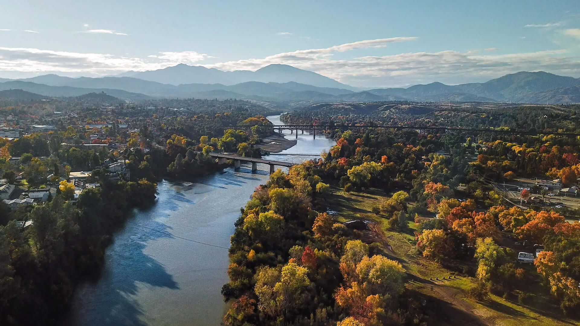 Arial shot of the Sacramento River in Redding, California