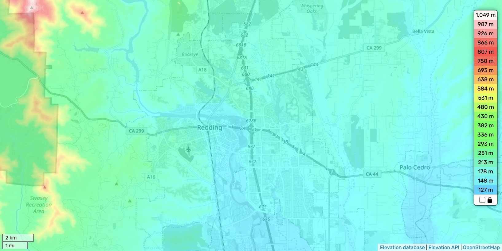Topology map of Redding, California