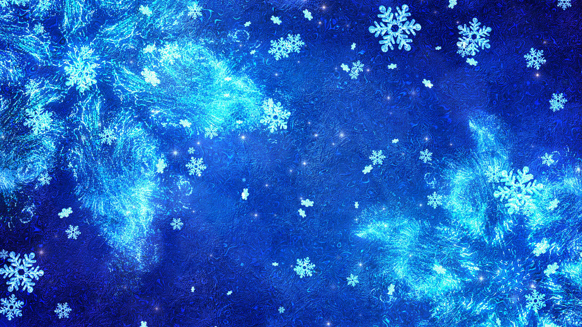 Blue background with stylized snowflakes falling