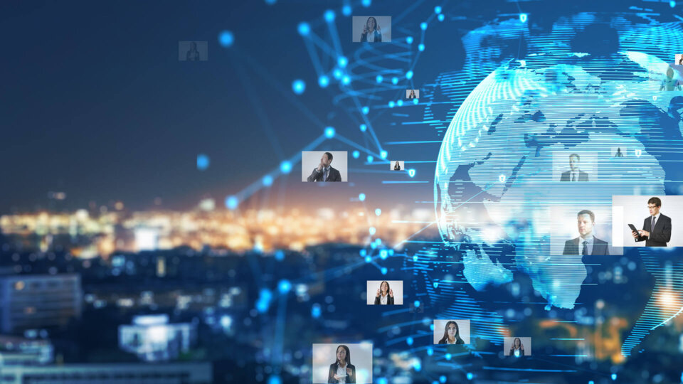 Creative Glowing Globe Hologram With Photo Gallery On Dark Night City Background