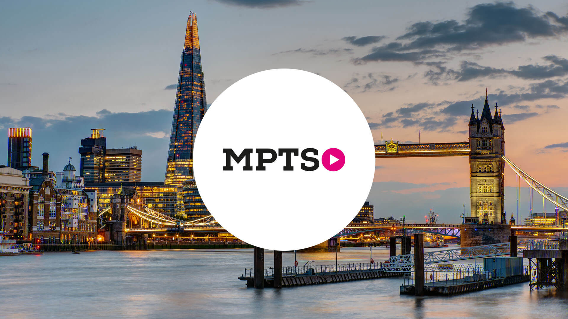 MPTS logo with London skyline in the background and a sunset