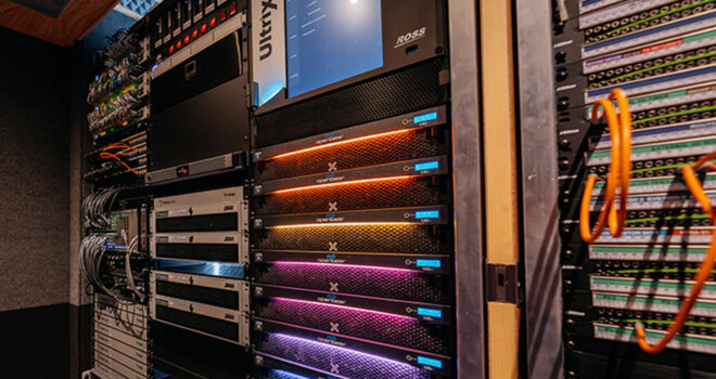 A server rack featuring a Ross Video Ultrix