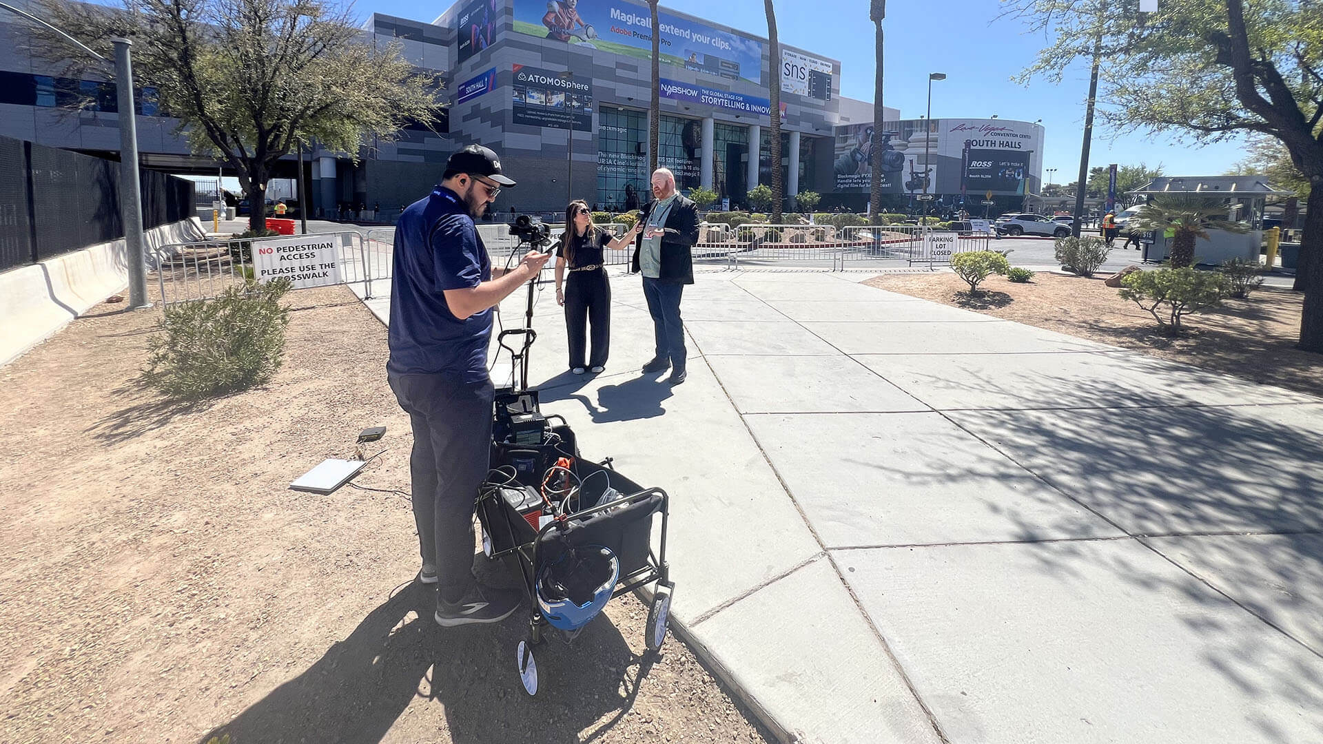 Ivy Cuervo, Dejero, interviewing Martin Marshall, Eutelsat, outside the Las Vegas Convention Center
