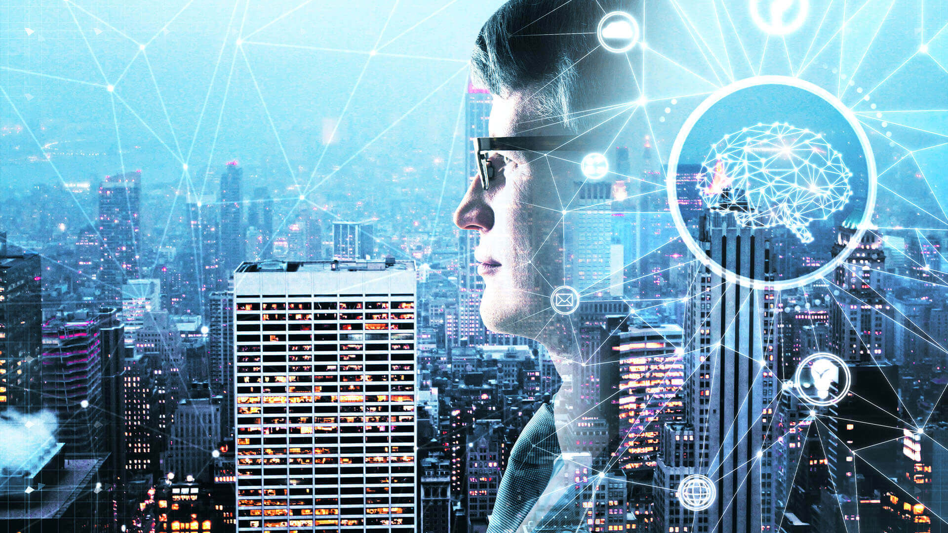 Describe your changes 1 Expand 1 Background swap 1 Relight 1 Style transfer 1 More Abstract Side Portrait Of Handsome Businessman With Polygonal Brain On Night City Background